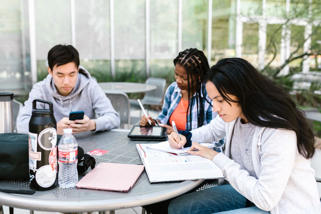 Group of students studying together outside, using books and technology.