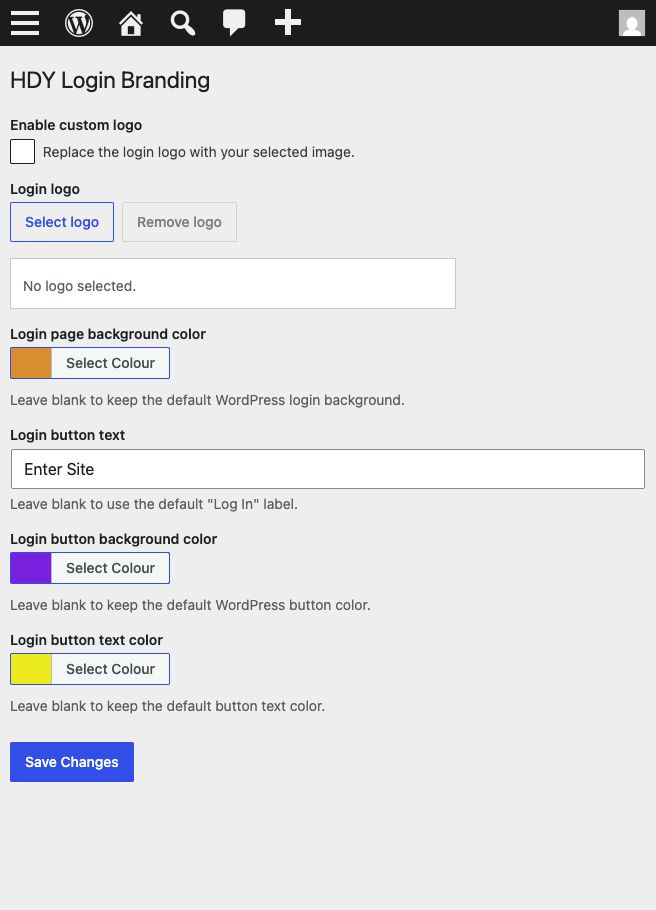 HDY Login Branding settings page with logo, color, and button options