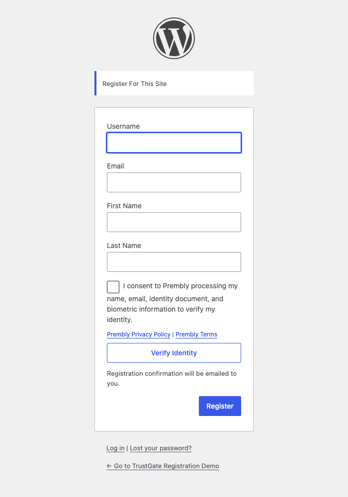 HDYHaus Identity Verification adds first and last name fields, explicit Prembly consent, policy links, and a Verify Identity button to native WordPress registration.